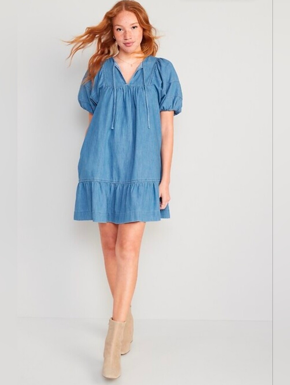 Old Navy Blue Chambray Tie-Front Puff Sleeve Dress - Picture 6 of 7